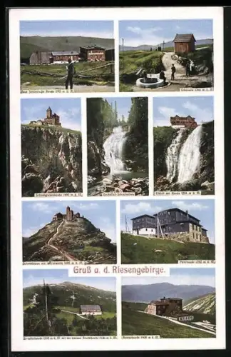 AK Elbfallbaude mit Elbquelle, Neue Schlesische Baude, Schneegrubenbaude, Zackelfall, Elbfall mit Baude, Peterbaude