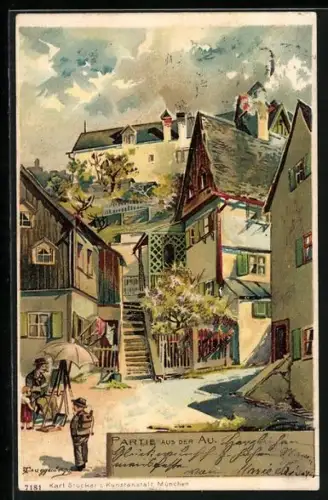 Künstler-AK Theodor Guggenberger: München-Au, Partie im Alten Viertel, Maler mit seiner Staffelei