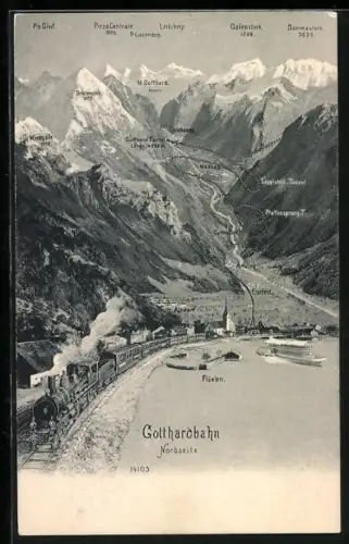 AK Flüelen, Gotthardbahn mit Blick auf die Berge, schweizer Eisenbahn