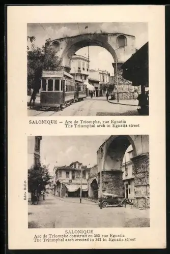 AK Salonique, Arc de Triomphe, Rue Egnatia, Strassenbahn