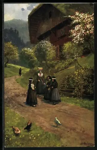 Künstler-AK H. Hoffmann: St. Georgen, Nach den Kirchgang, Frauen unterhalten sich