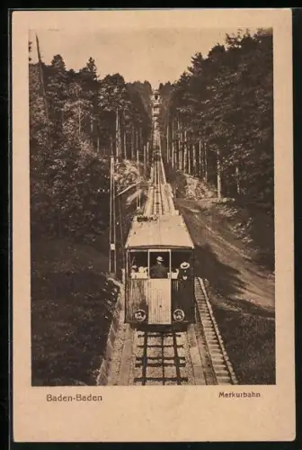 AK Baden-Baden, Merkurbahn auf Fahrt im Wald, Bergbahn