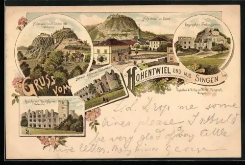 Lithographie Singen / Konstanz, Panorama mit Blick auf Hohentwiel, Hardwigs Schloss Ekkehardsturm, Festungsruine