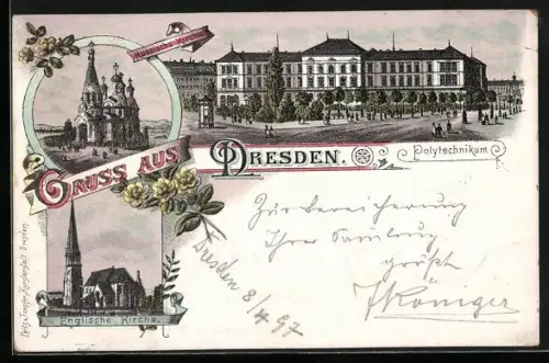 Lithographie Dresden, Polytechnikum, Russische und Englische Kirche