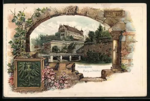 Passepartout-Lithographie Nürnberg, Burg von Westen, Wappen