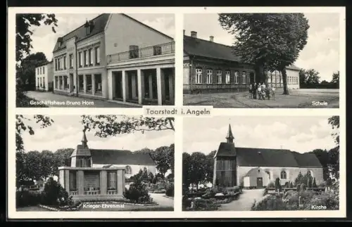 AK Taarstedt i. Angeln, Geschäftshaus Bruno Horn, Schule, Kirche