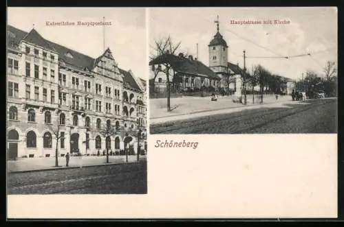 AK Berlin-Schöneberg, Kaiserliches Hauptpostamt, Hauptstrasse mit Kirche