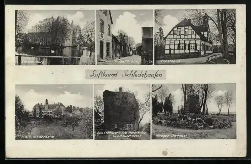 AK Schledehausen, Schelenburg, Forsthaus, Steinwerk des Meierhofes und Grosse Strasse
