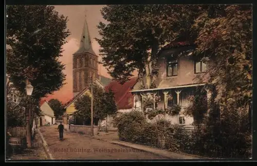 AK Wellingholzhausen, Strassenpartie mit Kirche und Hotel Dütting