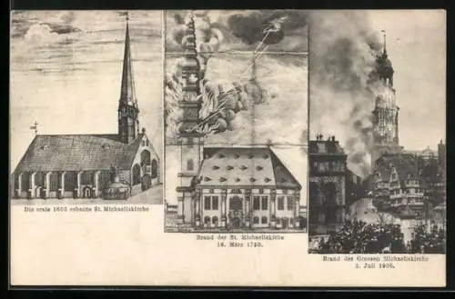 AK Hamburg-Neustadt, 1. 1605 erbaute St. Michaeliskirche, Brand 1750, Brand der Grossen Michaeliskirche1906