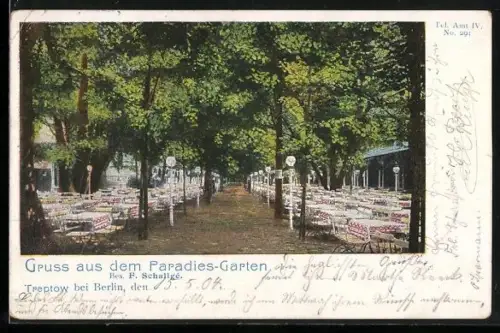 AK Treptow bei Berlin, Restaurant Paradies-Garten, Bes. F. Schallgé