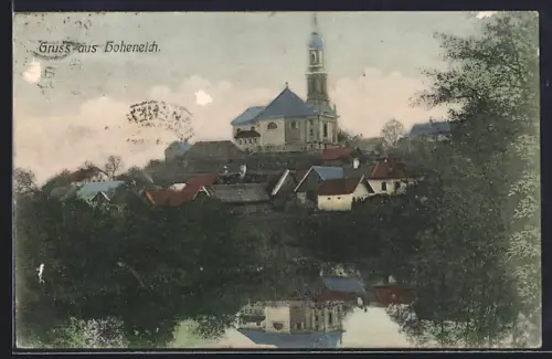 AK Hoheneich, Blick vom Wasser auf die Kirche