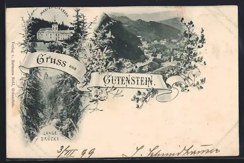 AK Gutenstein, Totalansicht, Mariahilferberg, Lange Brücke
