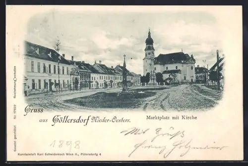 AK Göllersdorf /Nieder-Oesterr., Marktplatz mit Kirche