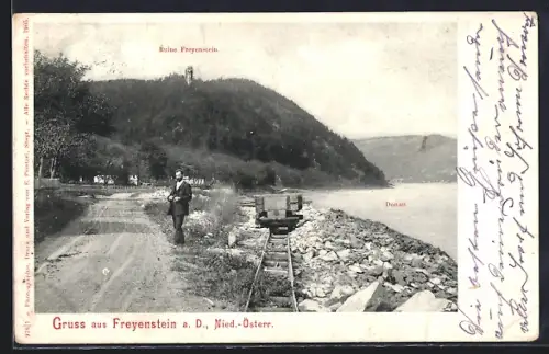 AK Neustadtl an der Donau, Freyenstein, Donaupartie mit Mann und Eisenbahn