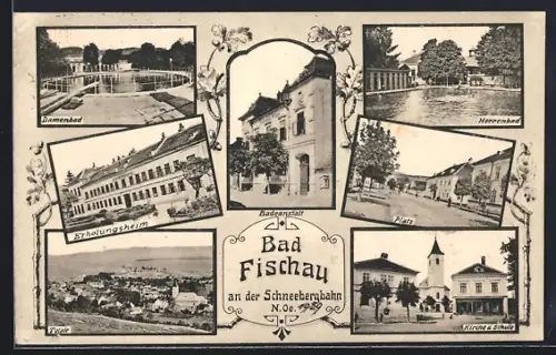 AK Bad Fischau an der Schneebergbahn, Kirche und Schule, Das Herren- und Damenbad, Das Erholungsheim