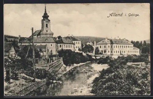 AK Alland, Teilansicht mit Kirche und Flusslauf