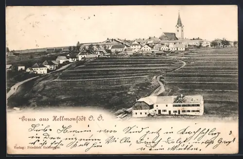 AK Hellmonsödt /O. Ö., Blick über Felder auf den Ort