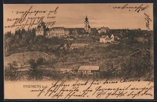 AK Hagenberg, Blick von einer Anhöhe auf den Ort