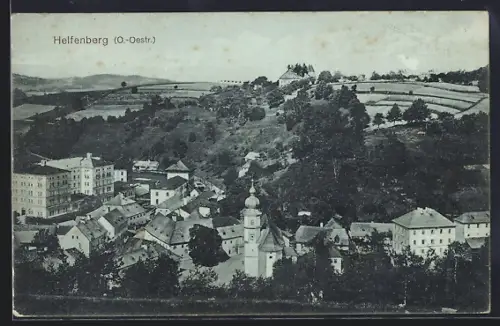 AK Helfenberg, Teilansicht des Ortes mit Kirche und Feldern