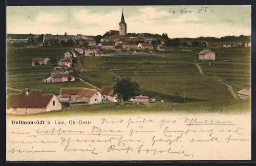 AK Hellmonsödt b. Linz, Ortsansicht mit Blick auf die Kirche