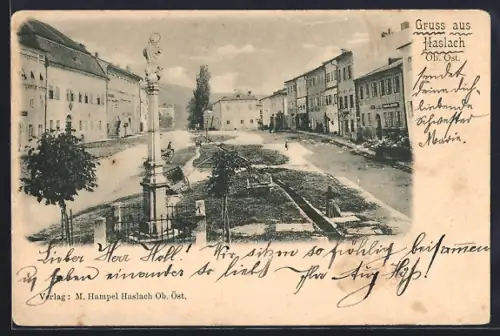 AK Haslach /Ob. Öst., Denkmal mit Strassenpartie