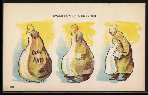 AK Evolution of a Butcher, Schinken wird zum Fleischer, Metamorphose