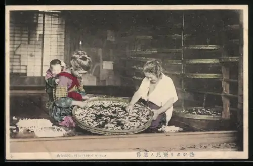 AK Seidenraupenzucht, Frau mit Kind bei der Arbeit, Selection of matured worms