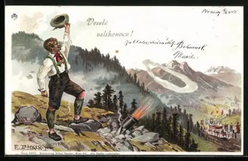 Künstler-AK E. Döcker: Wanderer feuert eine Kannone