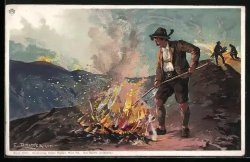 Künstler-AK E. Döcker: Fröhliche Ostern, Junger Mann am Osterfeuer