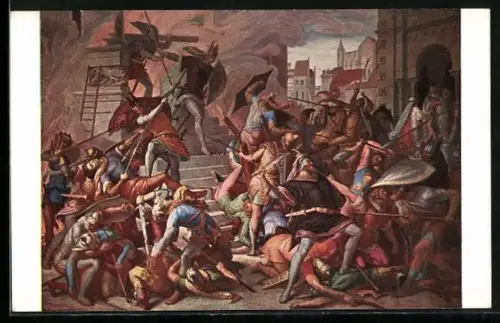 AK Szene Kampf auf der Stiege in Etzels Palast aus den Nibelungen