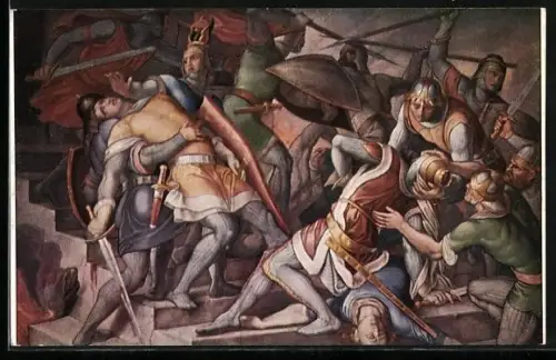 Künstler-AK Julius Schnorr von Carolsfeld: Das Nibelungenlied, Gernots u. Rüdigers v. Bechelaren Tod