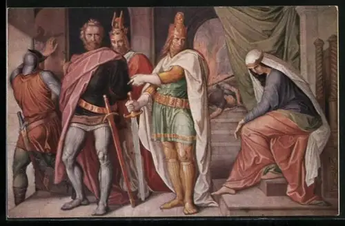 Künstler-AK Julius Schnorr von Carolsfeld: Das Nibelungenlied, König Dietrich bringt Gunther u. Hagen vor Kriemhilde