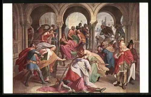 AK Szene Kriemhilde erschlägt Hagen mit Siegfrieds Schwert und fällt durch Hildebrand aus den Nibelungen