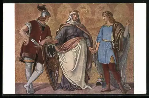 AK Das Nibelungenlied - Gernot, Ute und Giselher, Fresko von Schnorr-von Carolsfeld in der königl. Residenz in München