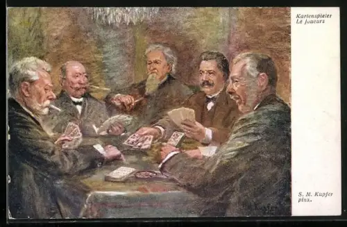 AK Männer in eleganten Anzügen spielen Karten am Tisch