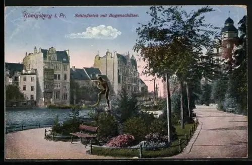 AK Königsberg, Schlossteich mit Statue Bogenschütze