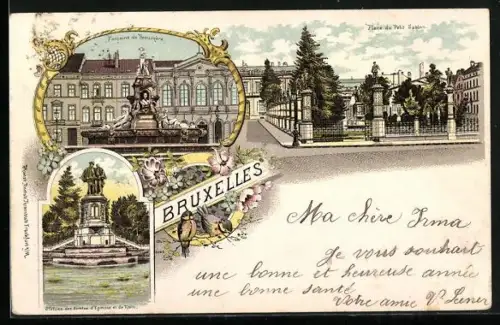 Lithographie Brüssel / Bruxelles, Fontaine de Brouckère, Place du Petit Sablon