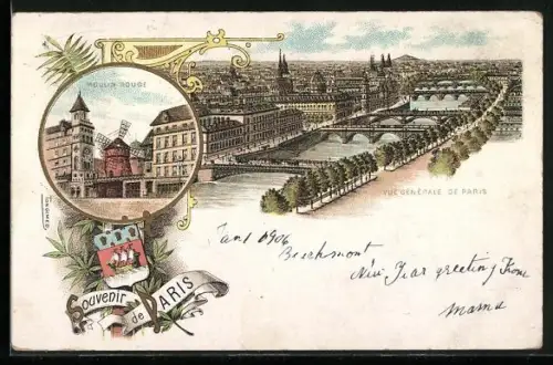 Lithographie Paris, Stadt-Panorama an der Seine, Moulin Rouge