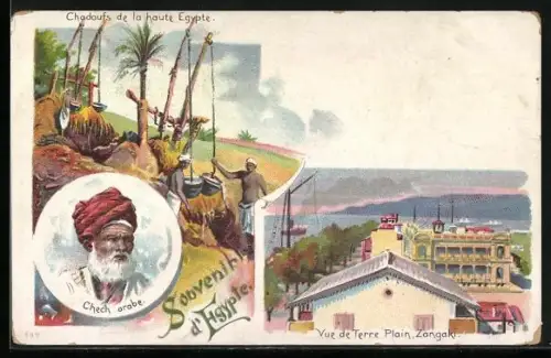 Lithographie Egypte, Chech arabe, Chadouts de la haute Egypte, Vue de Terre Plain