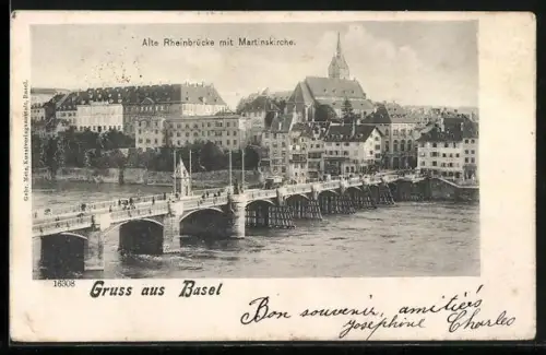 AK Basel, Alte Rheinbrücke mit Martinskirche