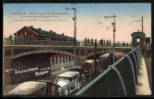 AK Herbesthal, Brücke über die Bahnstrecke Cöln-Aachen-Brüssel-Paris, Bahnhof