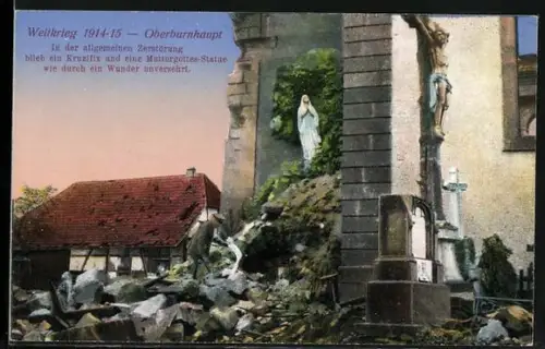 AK Burnhaupt-le-Haut, Ortspartie mit Kruzifix und einer Muttergottes-Statue