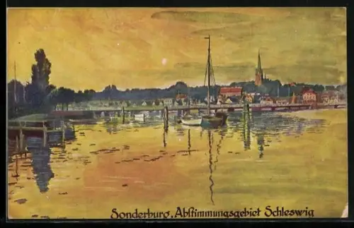 Künstler-AK Sonderburg, Blick über Wasser auf die Stadt