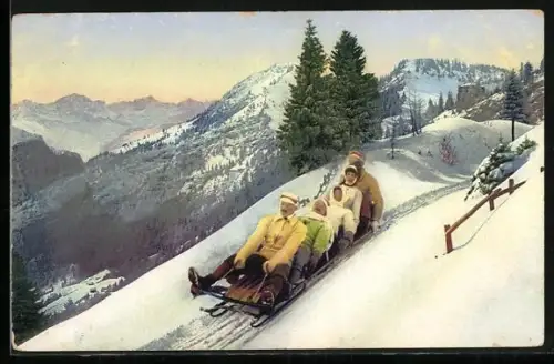 AK Rodler auf Bobschlitten während Abfahrt