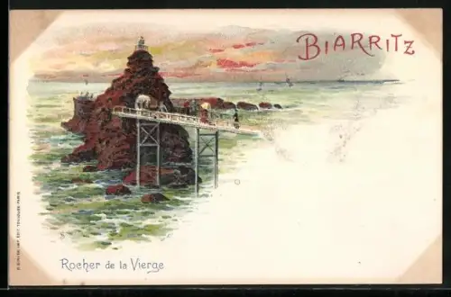 Lithographie Biarritz, Rocher de la Vierge
