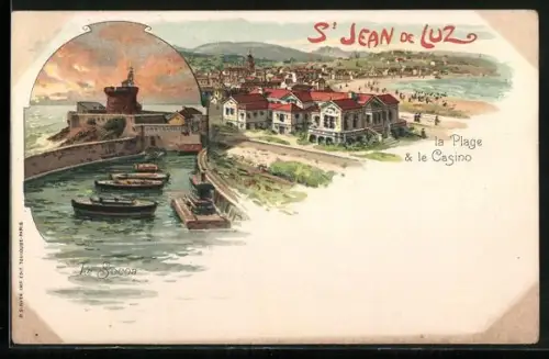 Lithographie St Jean de Luz, La Plage & le Casino