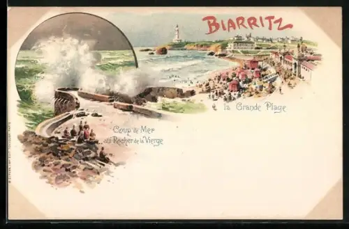 Lithographie Biarritz, Coup de Mer au Raucher de la Vierge, la Grande Plage