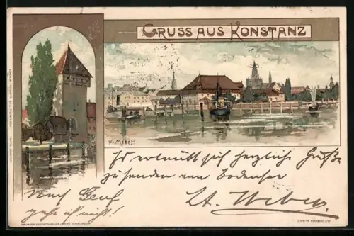 Künstler-AK Karl Mutter: Konstanz, Teilansicht und Rheintorturm