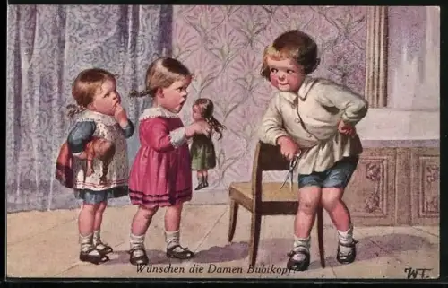 Künstler-AK Wally Fialkowska: Wünschen die Damen Bubikopf?, Kinder spielen Friseur